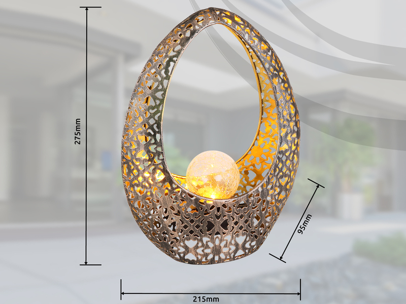 Solarleuchte mit Crackleglas Kugel, Dekorstanzungen Bronzefarben, Höhe 27,5cm