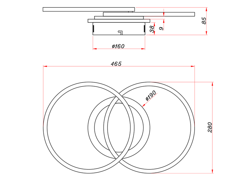 LED Deckenleuchte GIRO mit Fernbedienung, 2 Ringe Schwarz, Breite 46cm
