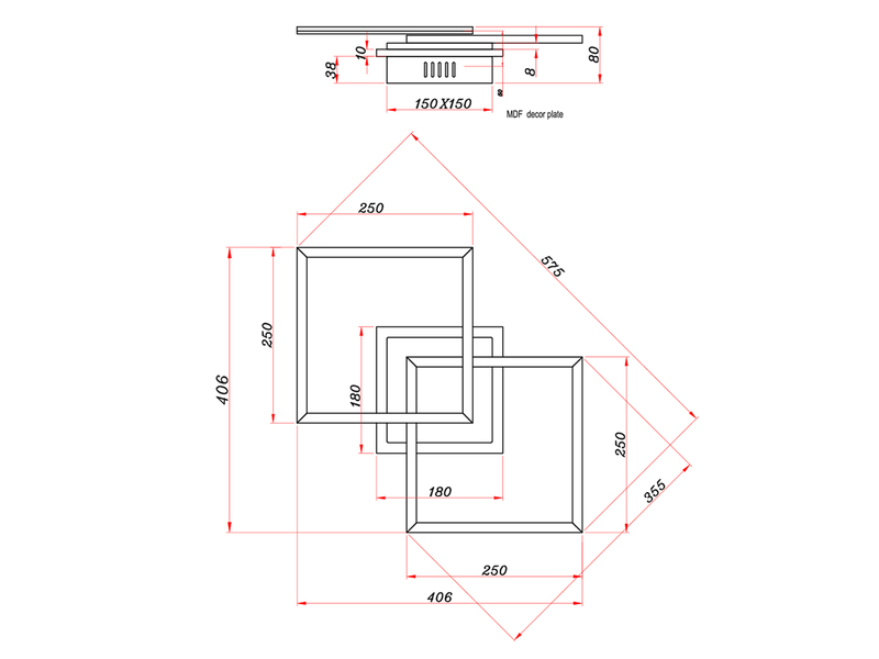 LED Deckenleuchte GIRO mit Fernbedienung, 2 Quadrate Schwarz, Breite 57,5cm