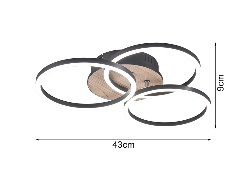 LED Deckenleuchte CIRCLE 3 Ringe Schwarz mit Fernbedienung & Tageslicht Ø 43cm