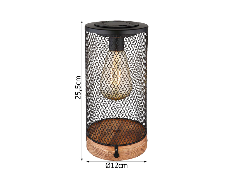 Solar Tischleuchten 2er SET Drahtgeflecht schwarz mit Holzsockel, Höhe 25,5cm