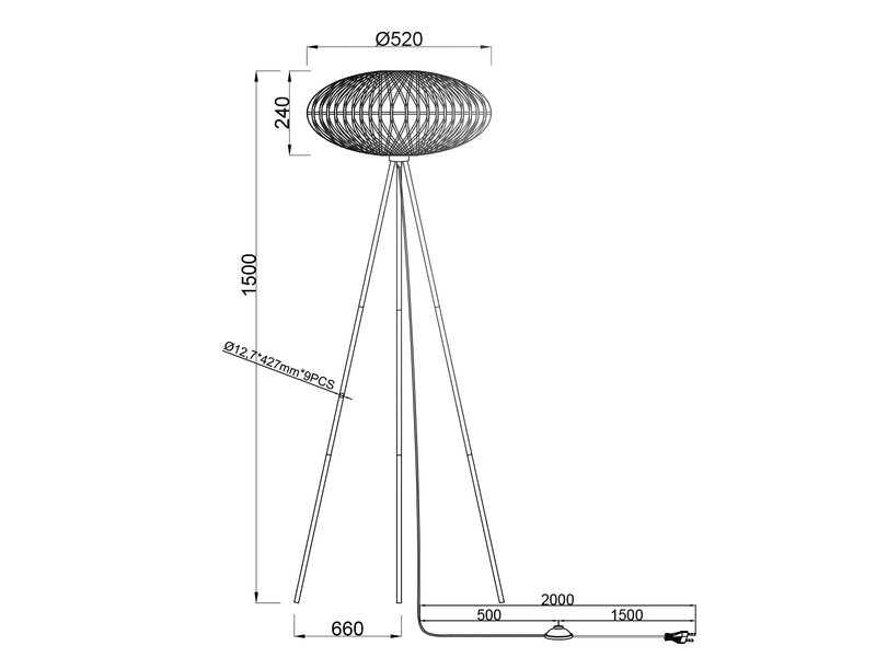 LED Stehleuchte Dreibein mit Korbgeflecht aus Sisal, Höhe 150cm