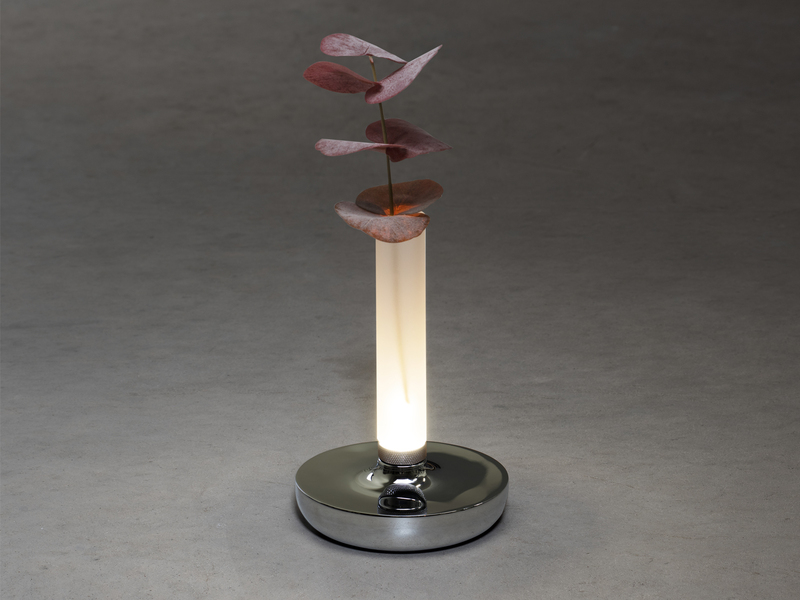 LED Außentischleuchte und Blumenvase BIARRITZ mit Akkubetrieb, Silber Höhe 20cm