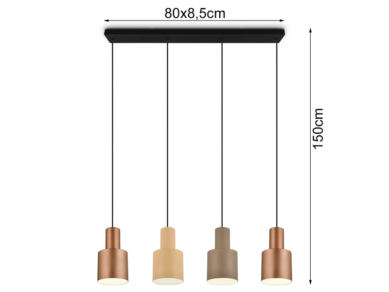 Pendelleuchte 4-flammig Metall in Coffee Tönen mit E27 LED, Breite 87cm
