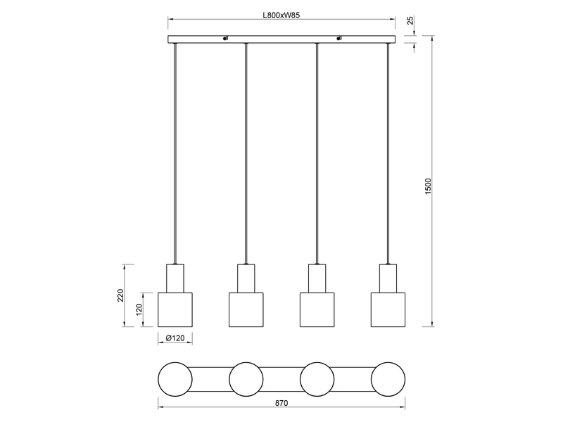 Pendelleuchte 4-flammig Metall in Coffee Tönen mit E27 LED, Breite 87cm