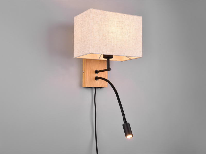 Wandleuchte NILAM mit Leselampe Schalter & Stecker, Holz mit Stoffschirm H: 30cm
