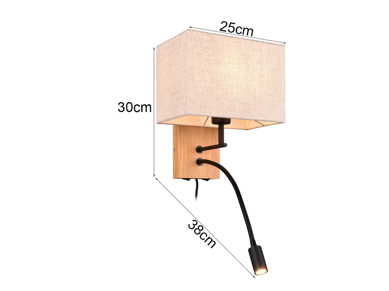 Wandleuchte NILAM mit Leselampe Schalter & Stecker, Holz mit Stoffschirm H: 30cm