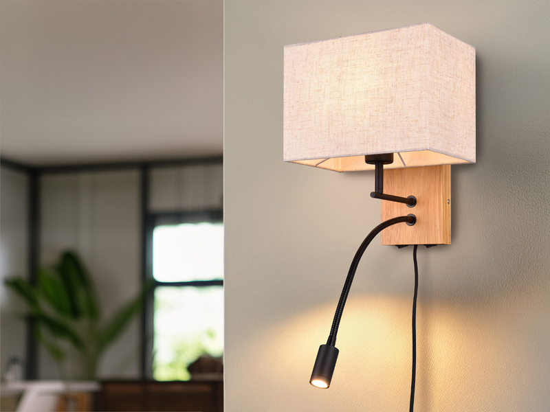 Wandleuchte NILAM mit Leselampe Schalter & Stecker, Holz mit Stoffschirm H: 30cm
