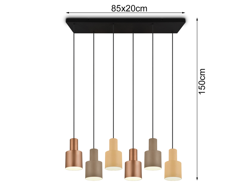 LED Pendelleuchte 6-flammig Metall Coffee Tönen mit E27 LED, Breite 85cm