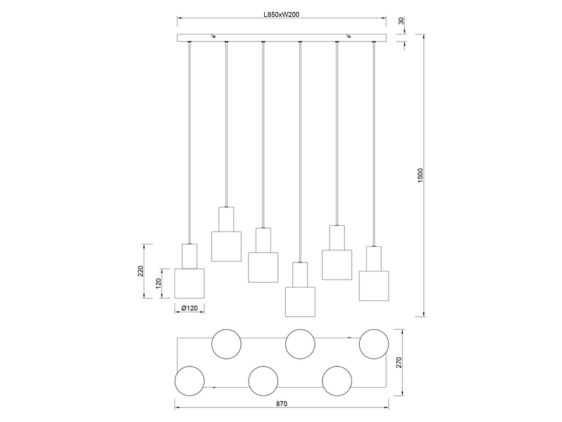 LED Pendelleuchte 6-flammig Metall Coffee Tönen mit E27 LED, Breite 85cm