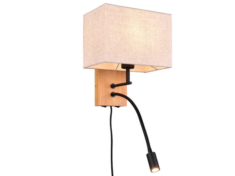 LED Wandlampe mit Leselampe Schalter & Stecker, Holz mit Stoffschirm H: 30cm