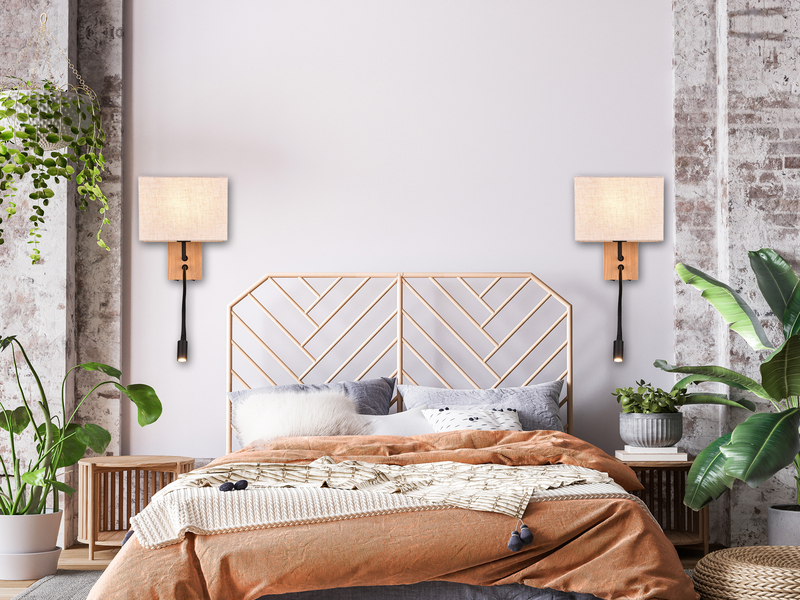 LED Wandlampe mit Leselampe Schalter & Stecker, Holz mit Stoffschirm H: 30cm