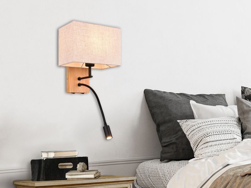 LED Wandlampe mit Leselampe Schalter & Stecker, Holz mit Stoffschirm H: 30cm