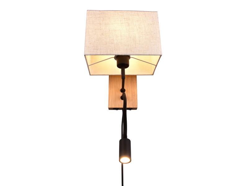 LED Wandlampe mit Leselampe Schalter & Stecker, Holz mit Stoffschirm H: 30cm