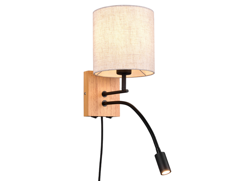LED Wandlampe mit Leselampe Schalter & Stecker, Holz mit Stoffschirm H: 30cm