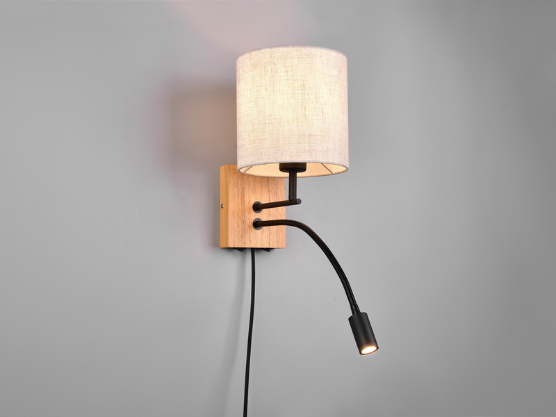 LED Wandlampe mit Leselampe Schalter & Stecker, Holz mit Stoffschirm H: 30cm