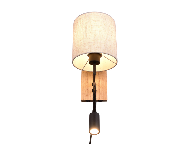 LED Wandlampe mit Leselampe Schalter & Stecker, Holz mit Stoffschirm H: 30cm