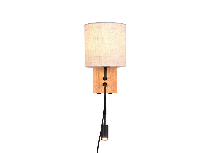 LED Wandlampe mit Leselampe Schalter & Stecker, Holz mit Stoffschirm H: 30cm