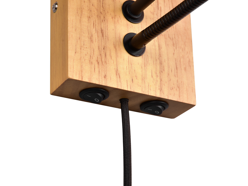 LED Wandlampe mit Leselampe Schalter & Stecker, Holz mit Stoffschirm H: 30cm