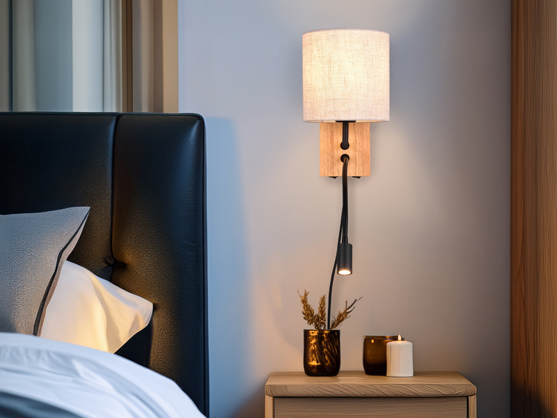 LED Wandleuchte mit Leselampe & Stecker, Stoffschirm Beige, Höhe 30cm