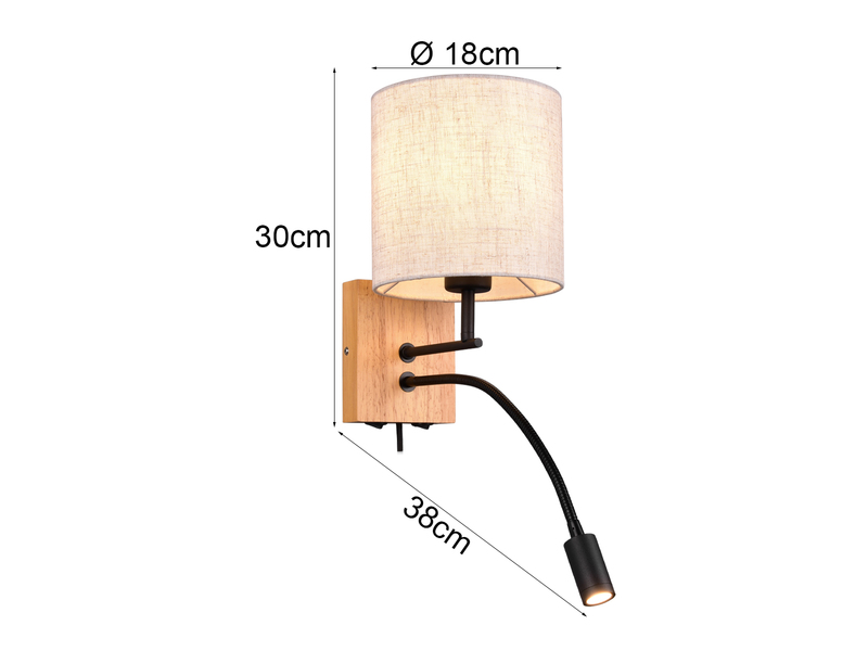 LED Wandlampe mit Leselampe Schalter & Stecker, Holz mit Stoffschirm H: 30cm