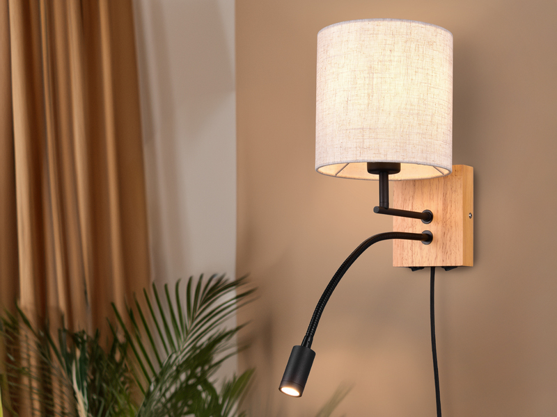 LED Wandlampe mit Leselampe Schalter & Stecker, Holz mit Stoffschirm H: 30cm