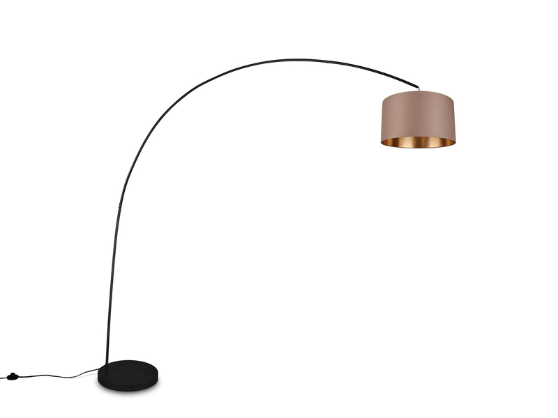 Große Bogenlampe MANSUR Metall Schwarz mit Stoff Lampenschirm Taupe, Höhe 210cm