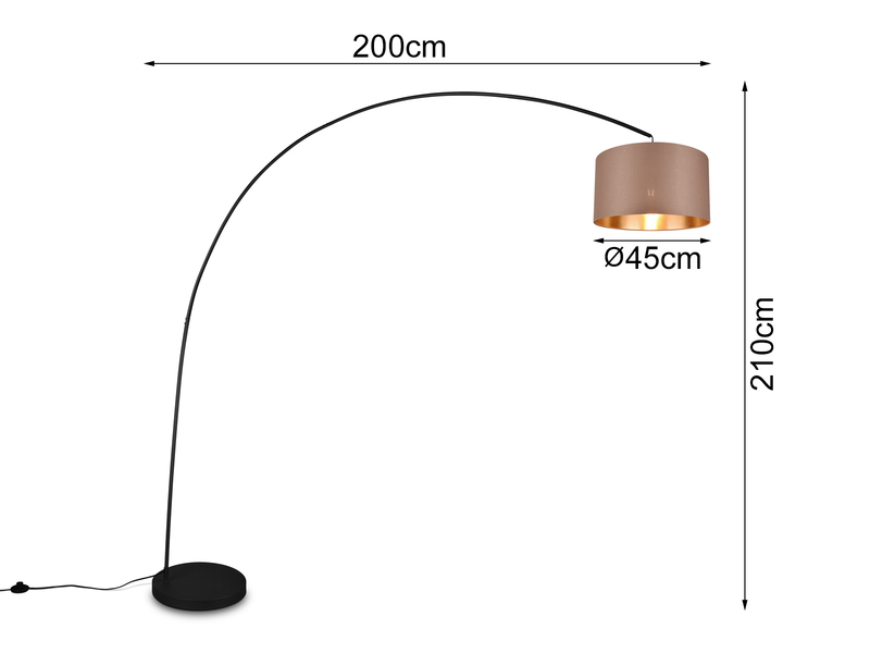 Große Bogenlampe MANSUR Metall Schwarz mit Stoff Lampenschirm Taupe, Höhe 210cm