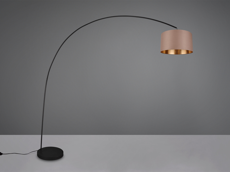 Große Bogenlampe MANSUR Metall Schwarz mit Stoff Lampenschirm Taupe, Höhe 210cm
