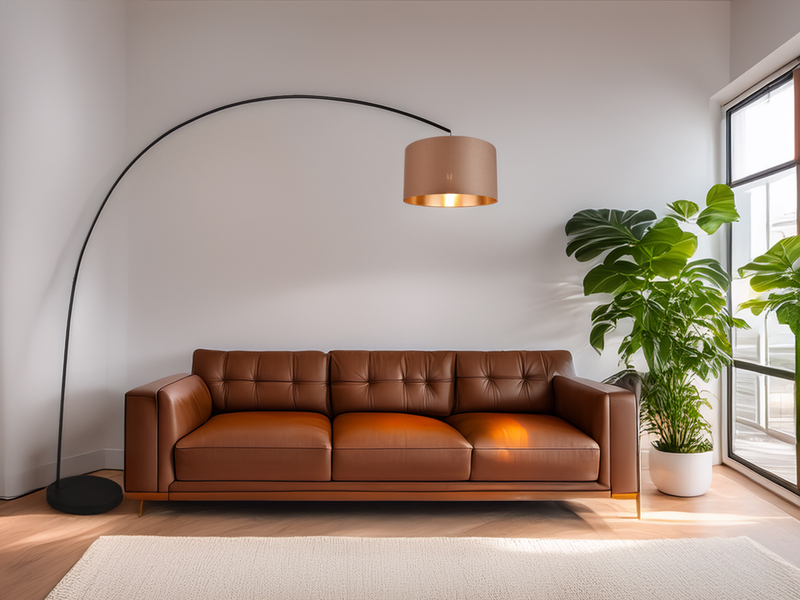 Große Bogenlampe MANSUR Metall Schwarz mit Stoff Lampenschirm Taupe, Höhe 210cm