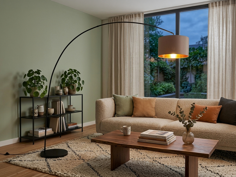 Große Bogenlampe MANSUR Metall Schwarz mit Stoff Lampenschirm Taupe, Höhe 210cm