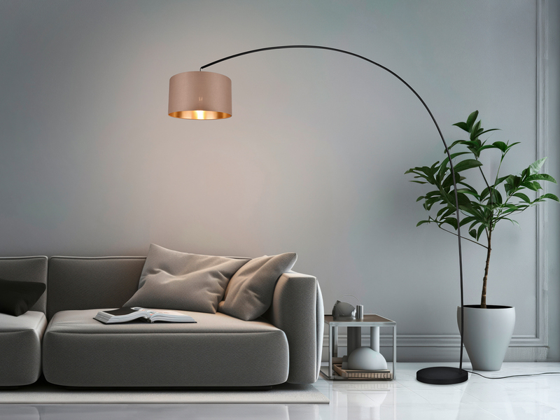 Große Bogenlampe MANSUR Metall Schwarz mit Stoff Lampenschirm Taupe, Höhe 210cm