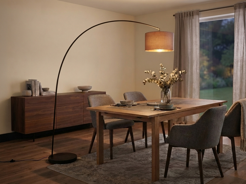 Große Bogenlampe MANSUR Metall Schwarz mit Stoff Lampenschirm Taupe, Höhe 210cm
