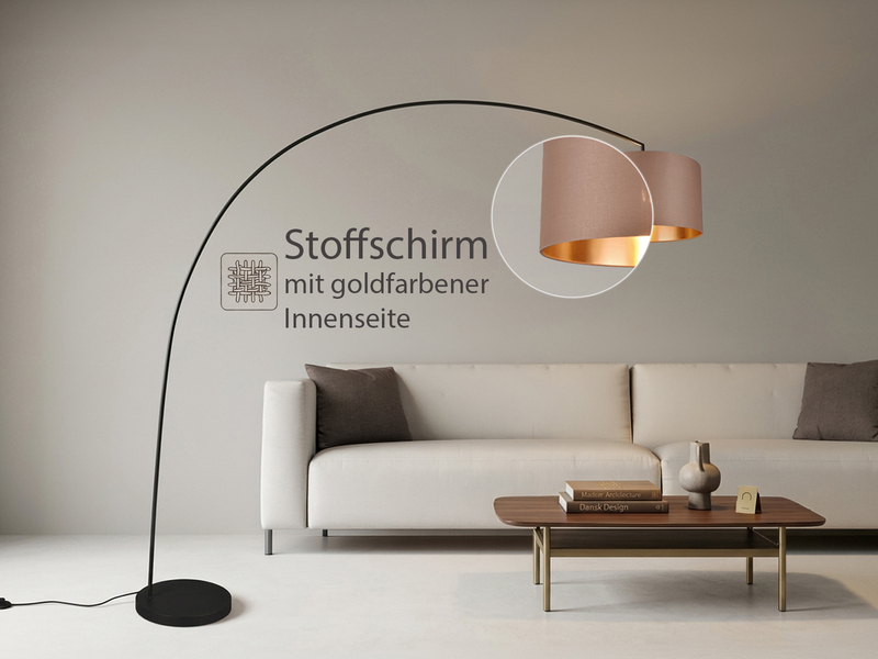 Große Bogenlampe MANSUR Metall Schwarz mit Stoff Lampenschirm Taupe, Höhe 210cm