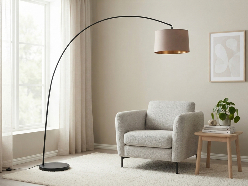 Große Bogenlampe MANSUR Metall Schwarz mit Stoff Lampenschirm Taupe, Höhe 210cm