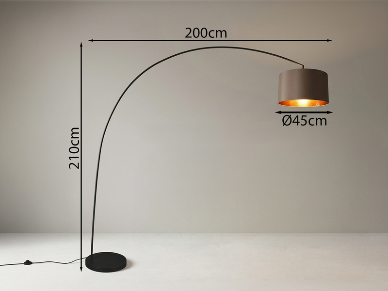 Große Bogenlampe MANSUR Metall Schwarz mit Stoff Lampenschirm Taupe, Höhe 210cm