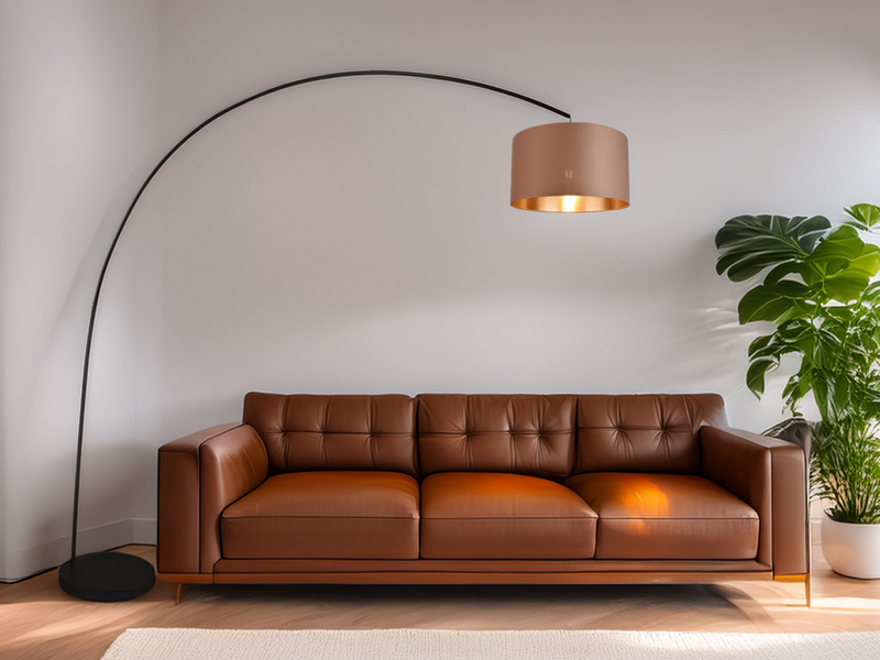 Große Bogenlampe MANSUR Metall Schwarz mit Stoff Lampenschirm Taupe, Höhe 210cm