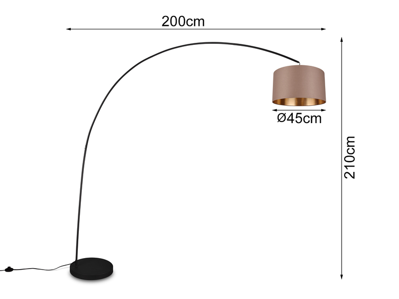 Große LED Bogenleuchte Metall Schwarz mit Stoff Lampenschirm Taupe, Höhe 210cm