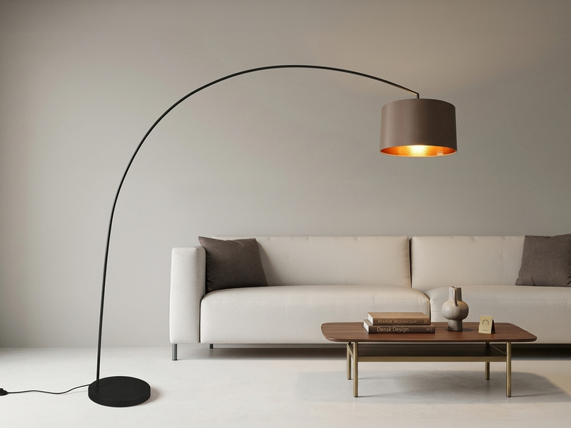 Große LED Bogenleuchte Metall Schwarz mit Stoff Lampenschirm Taupe, Höhe 210cm