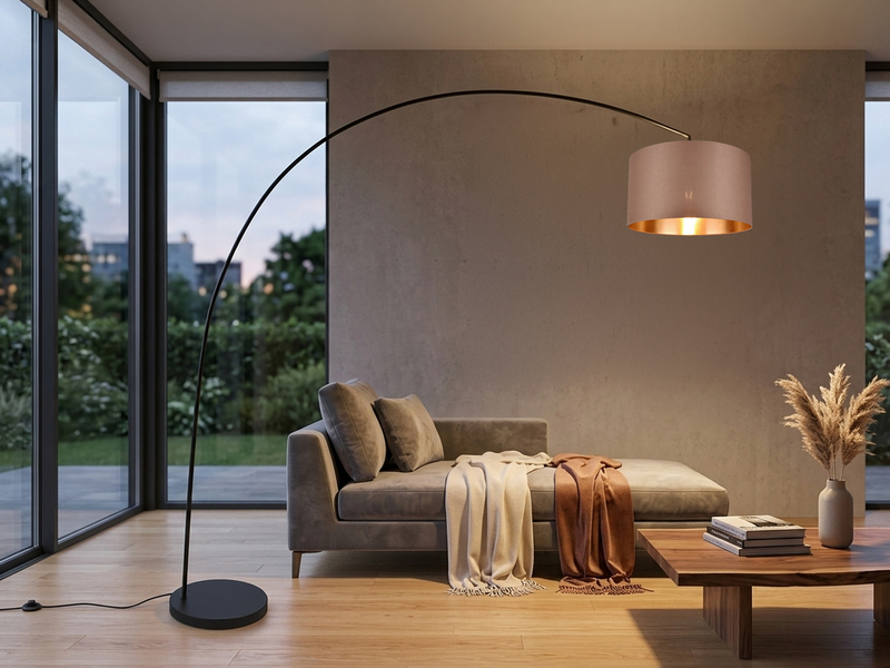 Große LED Bogenleuchte Metall Schwarz mit Stoff Lampenschirm Taupe, Höhe 210cm