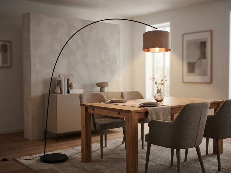 Große LED Bogenleuchte Metall Schwarz mit Stoff Lampenschirm Taupe, Höhe 210cm