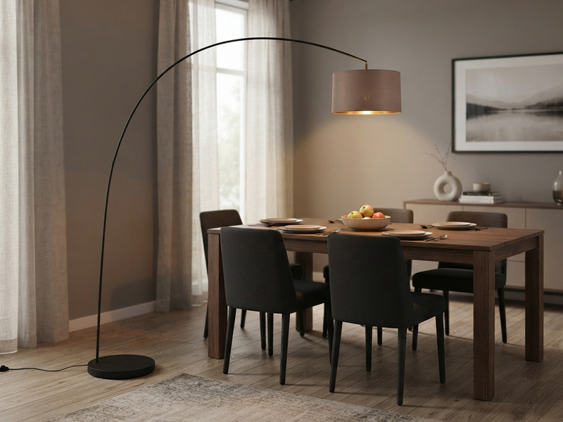 Große LED Bogenleuchte Metall Schwarz mit Stoff Lampenschirm Taupe, Höhe 210cm