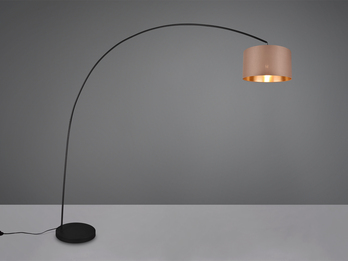 Große LED Bogenleuchte Metall Schwarz mit Stoff Lampenschirm Taupe, Höhe 210cm