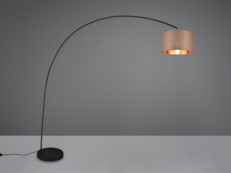 Große LED Bogenleuchte Metall Schwarz mit Stoff Lampenschirm Taupe, Höhe 210cm