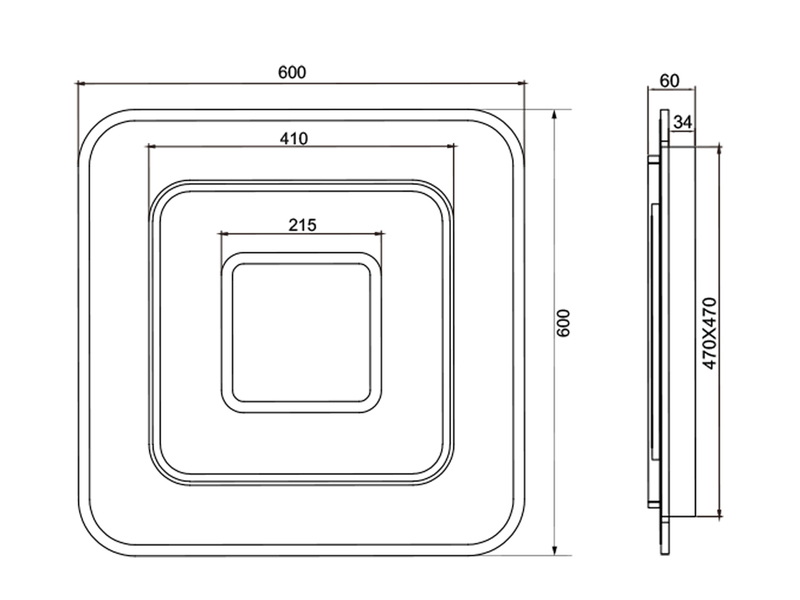 Große LED Deckenleuchte JORA flach mit Fernbedienung dimmbar, Quadrat 60cm