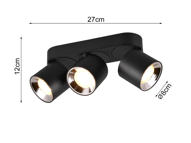 Deckenstrahler Aufbauspot 3-flammig Schwarz, Breite 27cm, inkl. GU10 LED
