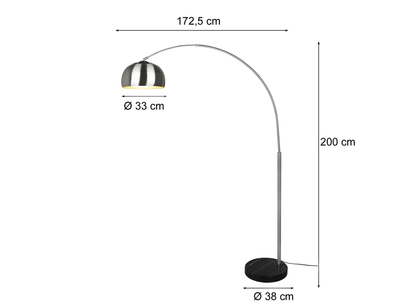 Bogenlampe ARGENTINA Silber Fuß Schwarz große Ausladung, Höhe 200cm