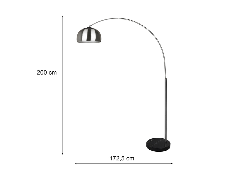 Bogenlampe ARGENTINA Silber Fuß Schwarz große Ausladung, Höhe 200cm