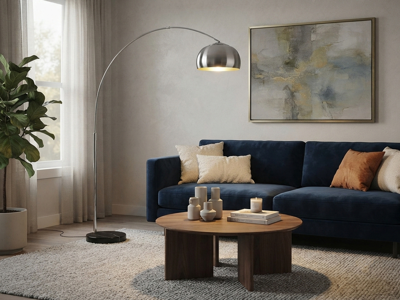 Bogenlampe ARGENTINA Schirm Metall Silber, große Ausladung, Höhe 200cm