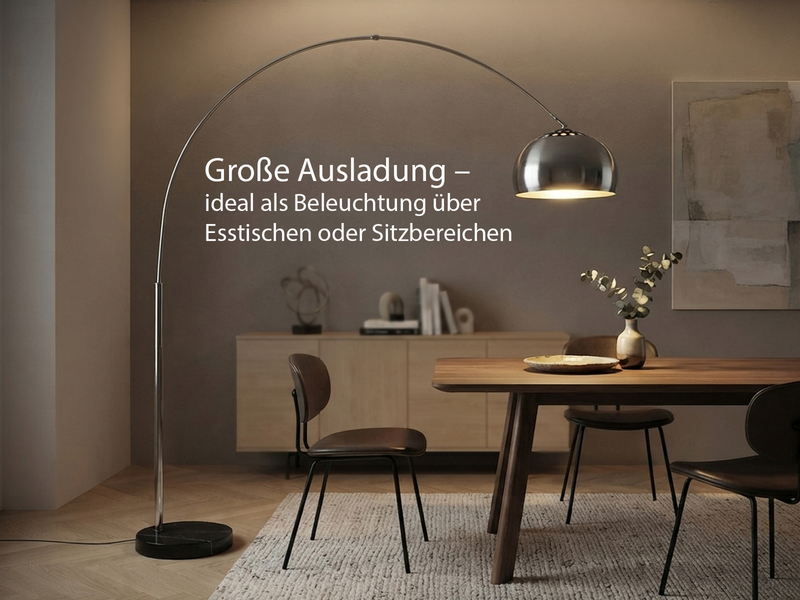 Bogenlampe ARGENTINA Schirm Metall Silber, große Ausladung, Höhe 200cm